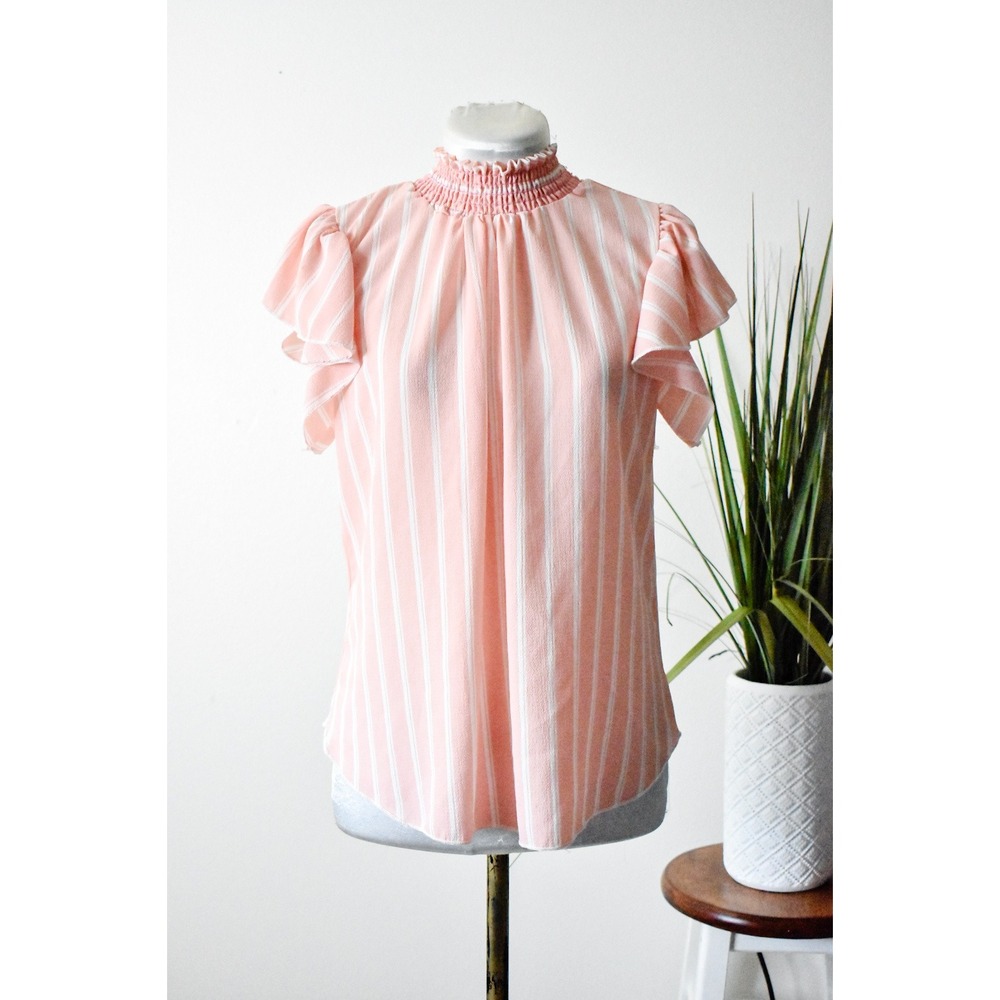 NY Invasion Blouse Women Small Peach 90s Smocked Mock Neck Flutter Sleeve Stripe